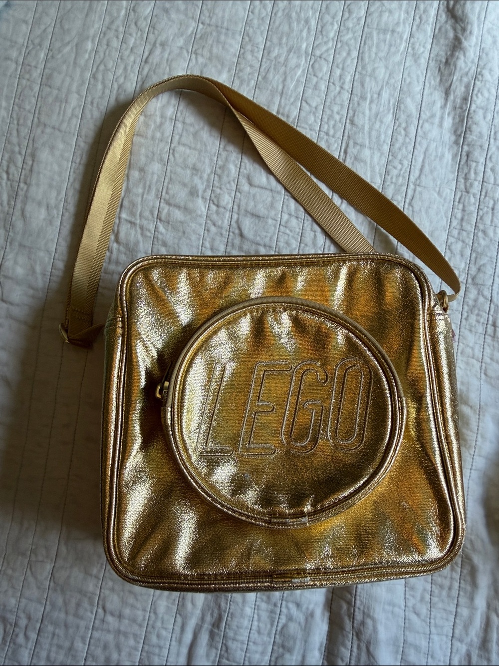 LEGO Metallic Gold Crossbody Shoulder Bag with internal zip pocket